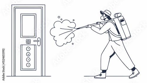 Disinfection Line Art: Person Sprays Doorway with Backpack Sprayer, Vector Illustration.