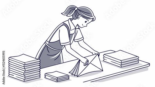 Neatening stacks: Woman folding laundry, apron, organized piles, clean linen illustration.