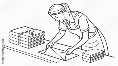 Line Art: Woman Folding Laundry, Stacked Linens, Domestic Task, Uniform, Apron.