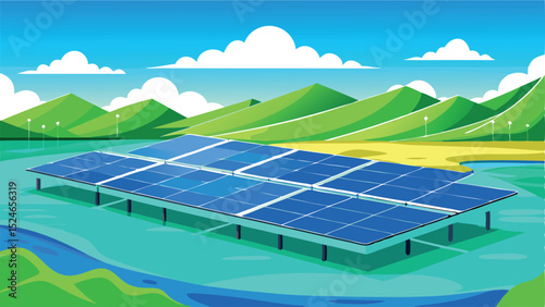 Vibrant Blue and Green Vector of a Floating Solar Farm Technology  