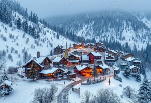 Quaint snow-dusted village nestled in snowy hills, festive Christmas lights twinkling,  scene,  houses