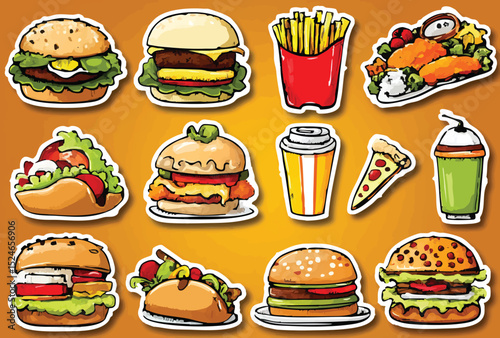An assortment of stylized fastfood stickers on an orange background