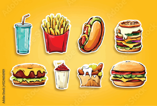 Cartoonish colorful fast food stickers of various items yellow background