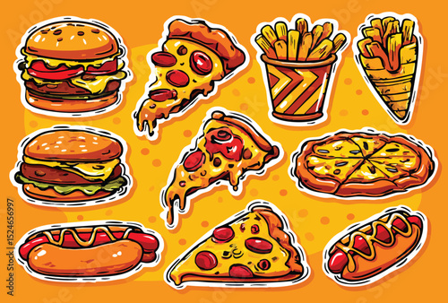 Cartoonstyle burger pizza fries hotdogs on orange backdrop