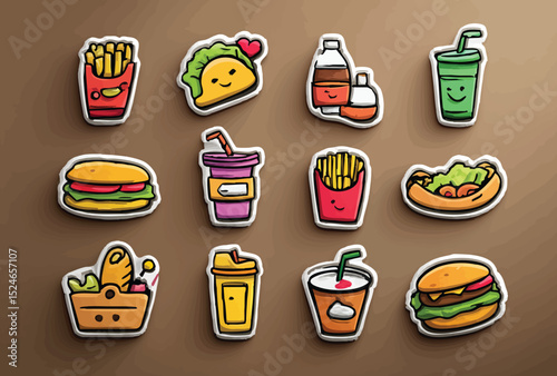Food stickers arranged on a brown surface