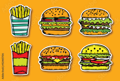 Six cartoonstyle food stickers of burgers and fries set on an orange background