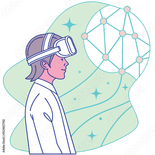 Pastel Greens Vector Art of a Person Immersed in a Serene VR Space  