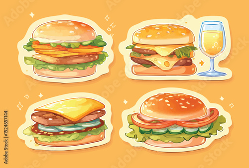 Four burger illustrations one with a drink on an orange background