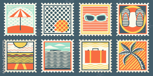 Collection of Illustrated Summer Vacation Stamps with Beach Ocean and Travel Elements in Retro Style for Graphic Design Projects