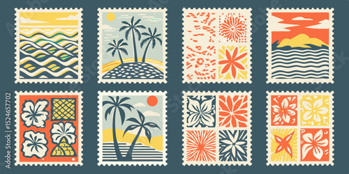 Collection of eight retro tropical postage stamps featuring palm trees flowers waves and sun in a vintage color palette