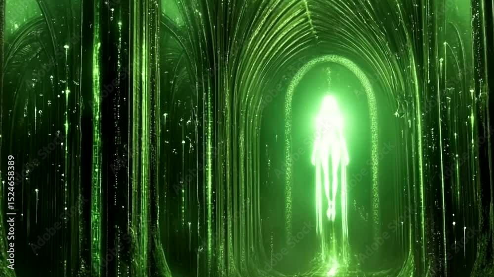 A green tunnel with a glowing light at the end