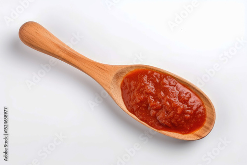 Tomato paste on a white background seen from above with a wooden spoon Space for copying