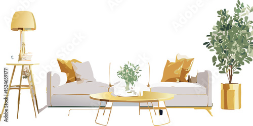 A luxurious modern living room with golden accents — velvet cushions, metallic gold coffee table, glowing ambient lighting, minimalist decor; shot from eye-level, shallow depth of field, glossy magazi