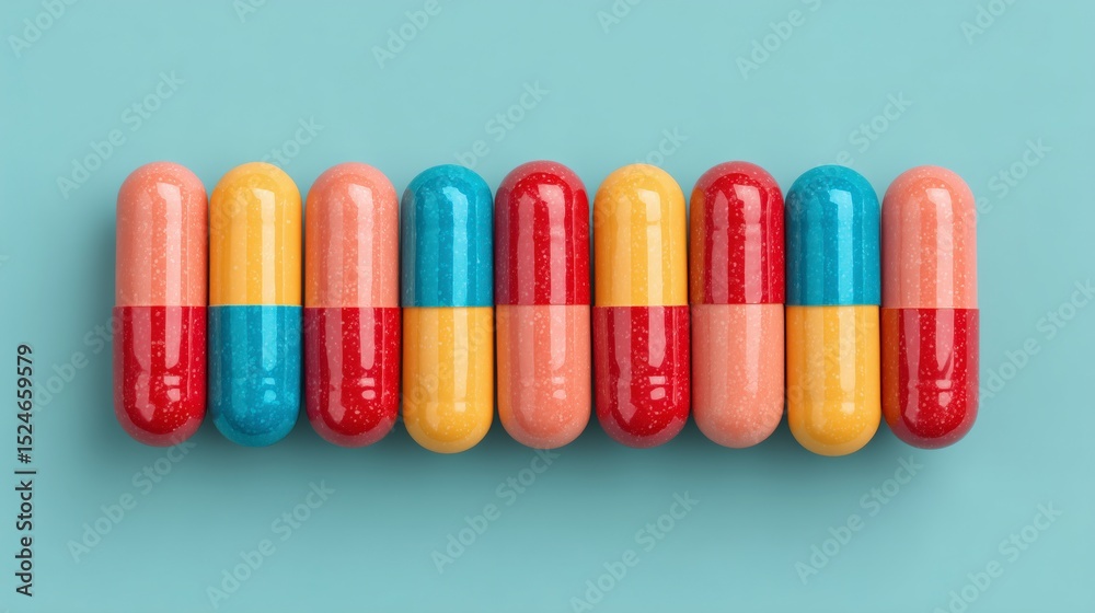 Fototapeta premium Colorful Capsules Pills on Blue Background in a Row