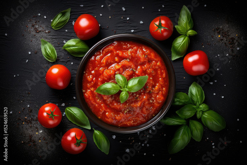 Tomato sauce with basil salt in bowl dark background Top View
