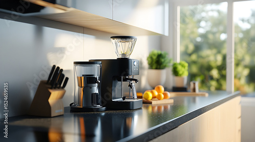 una cafetera electrica dentro de una cocina limpia y ordenada maquina para preparar cafe cocina elegante y de lujo con espacio de copia photo