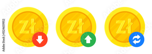 Set of Polish złoty sign (zł) gold coins, arrows for increase, decrease, transaction. Finance, currency, fluctuation, PLN exchange concept. Flat vector illustration isolated on a white background