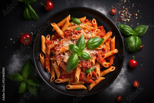 Top view of classic Italian penne pasta arrabbiata with basil and parmesan cheese on dark table