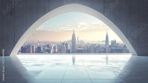A sleek and minimalistic interior with a large, smooth concrete arch framing a panoramic view of a city skyline