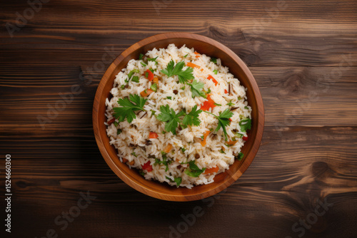 Top view of delicious rice and vegetable bowl on wooden surface