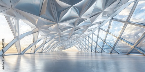 A vast, futuristic architectural space with a large, geometric ceiling composed of interconnected triangular panels