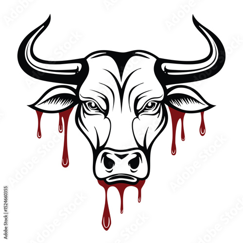 Bloody bull head black and white illustration
