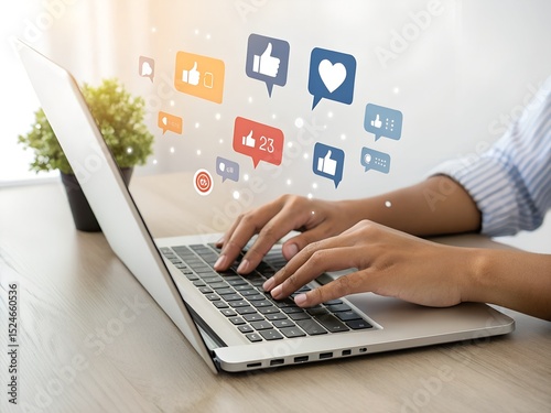 Person typing on laptop with floating social media icons, including likes, comments, and hearts. Engaging online communication concept for marketing, interaction, or content sharing visuals.