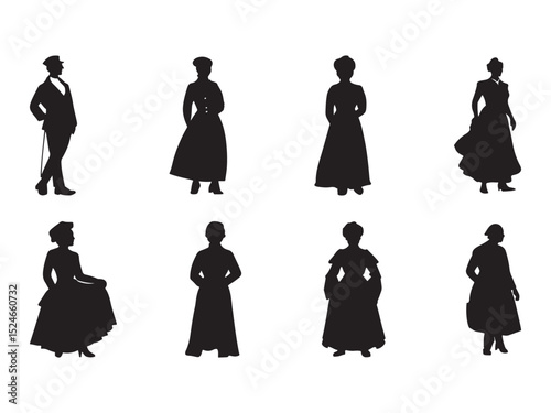 Vintage Silhouette of Men and Women in Edwardian Era Attire