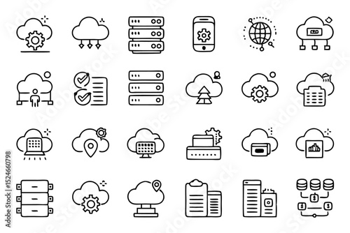 Cloud computing and storage design with editable stroke outline isolated on transparent background