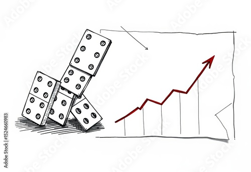 Hand-drawn sketch of falling dominoes, crumpled paper, and a downward trending graph,  down,  image