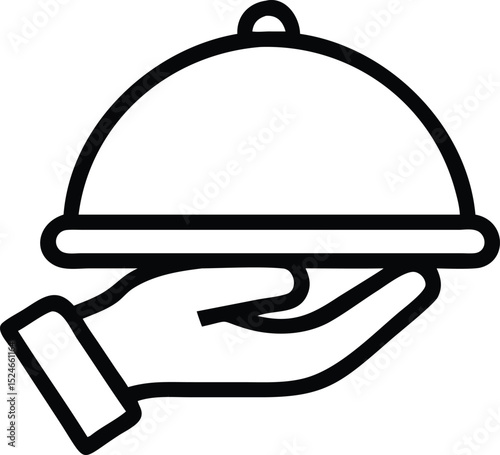 Line art icon of a hand holding a food cloche isolated on white background