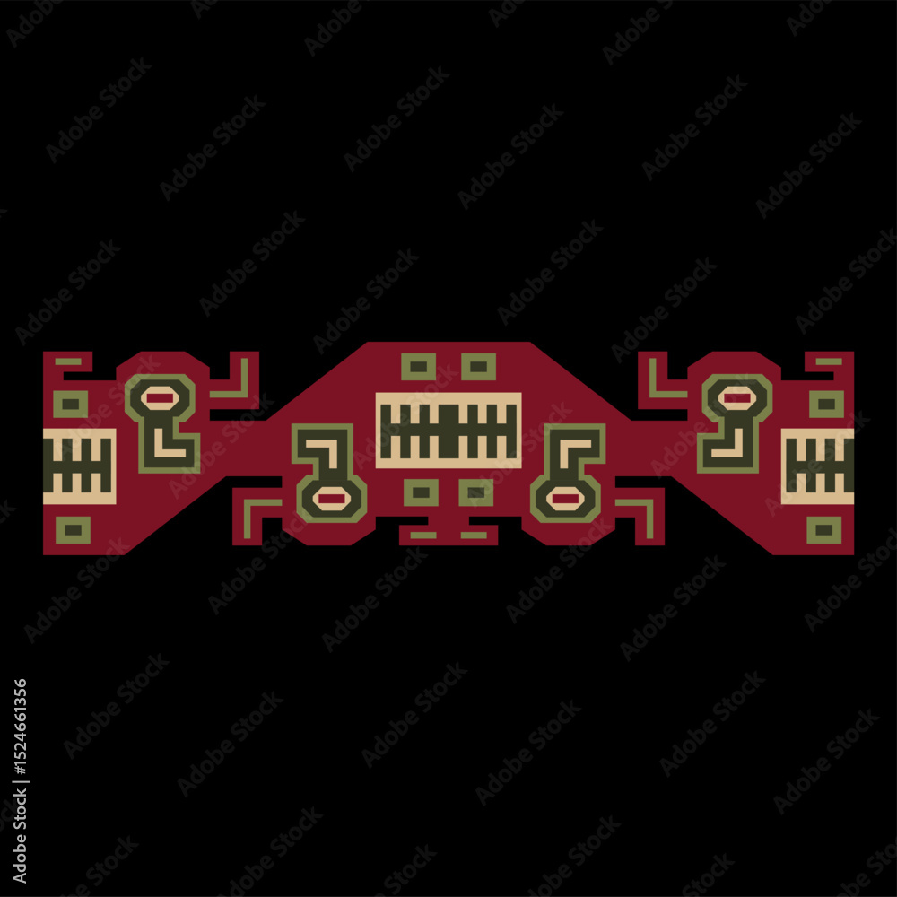 Naklejka premium Symmetrical native American design from ancient Peru. Wari or Huari culture. Indigenous ethnic border. On black background.