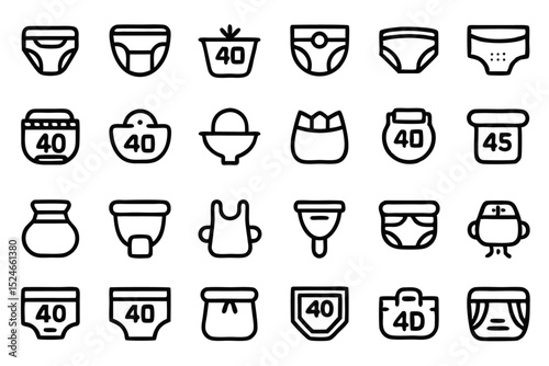 Editable stroke outline icons set of diaper features isolated on transparent background