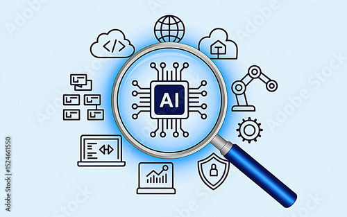 AI Brain Analysis: A graphic illustration with the magnifying glass reveals artificial intelligence surrounded by computing, showing the technological advancement of the concept.