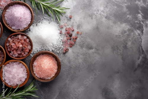 Variety of salt types on concrete background Sea salts Himalayan salt crystals rosemary Dead sea salt balls Copy space Top view photo
