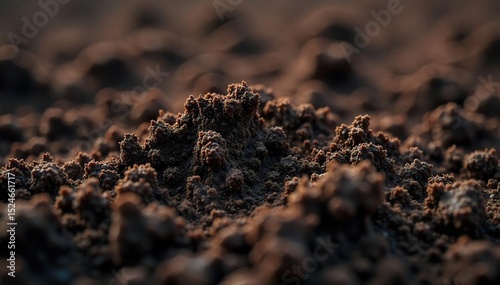 Close-up shot of rich, dark soil, textured and moist, revealing intricate patterns and organic matter Ideal for agricultural, environmental, and gardening projects , field, subsoil