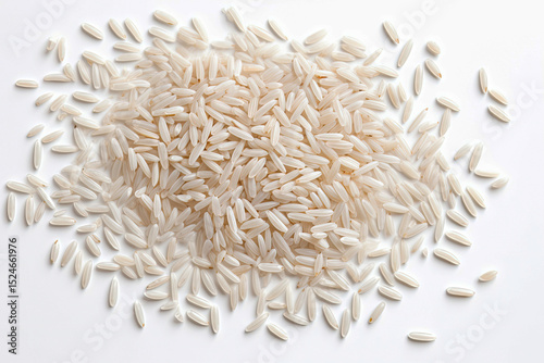 White background Top view Flat lay of isolated rice grains