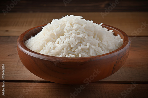 White basmati rice cooked in a terracotta bowl over a plain or wooden backdrop