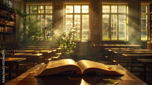Open Book on Wooden Desk in Sunlit Vintage Classroom with Rows of Empty Desks