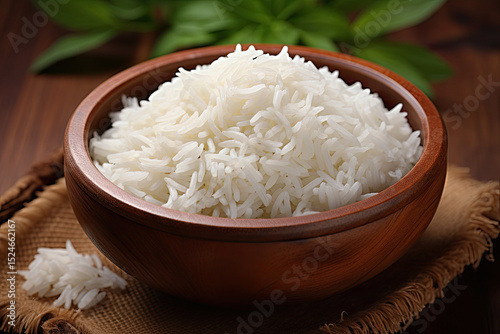 White basmati rice served in a wooden bowl isolated over a vibrant or wooden backdrop