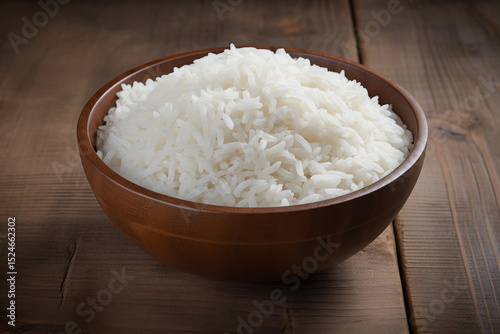 White rice displayed in a wooden bowl on a table
