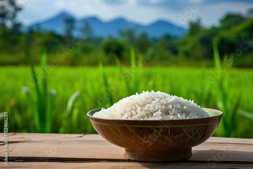 White rice in a bowl with ears on a table near a green field