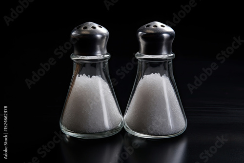 White salt shakers dispersed on black stone from above