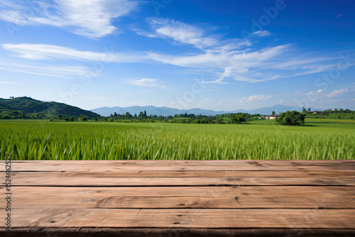 Wooden table on rice fields with blue sky empty