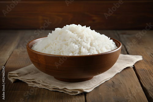 Wooden table with a bowl of white rice