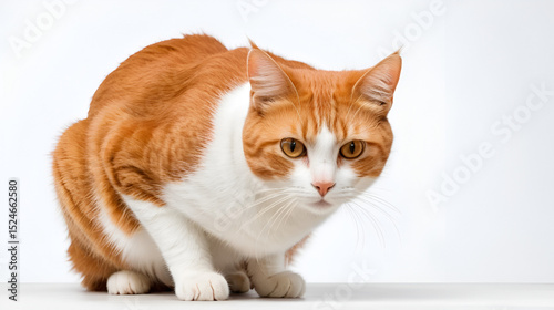 Gatto rosso che si lava la schiena su sfondo bianco