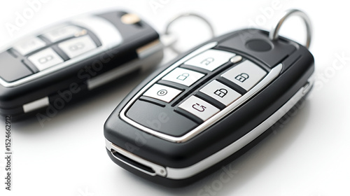 Detailed photograph of a stylish black car key fob with silver metallic accents isolated against a clean white background