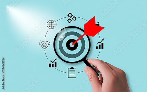 Achieving Goals: A metaphorical composition shows a hand holding a magnifying glass, perfectly hitting the target, surrounded by business-related icons, showcasing business objectives.