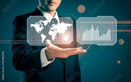 Global Vision: A distinguished executive, poised and confident, extends a hand to unveil the dynamic world of data analytics and global business strategies.