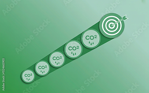 CO2 Reduction Target: Illustration depicting a series of CO2 icons leading to a bullseye target, symbolizing efforts to reduce carbon dioxide emissions and achieve environmental goals.